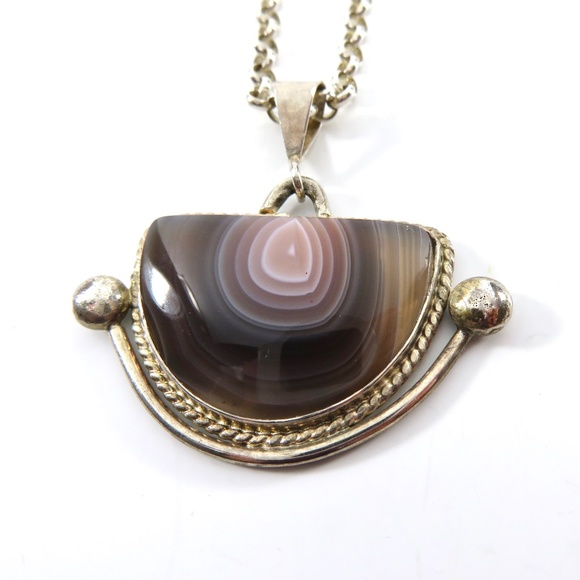 Banded Agate Pendant Necklace, Sterling, Signed - Picture 2 of 7